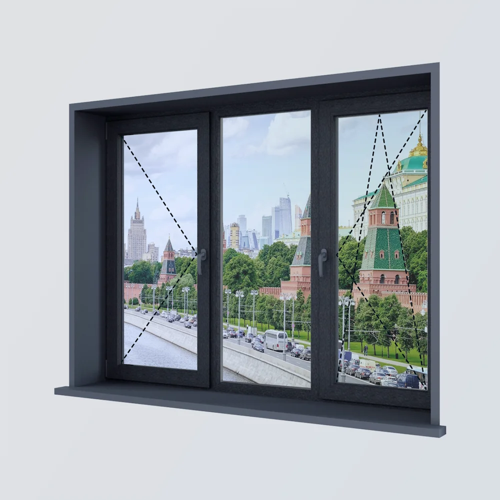 Трёхстворчатое окно антрацитово-серое, размер 1750 × 1420 мм