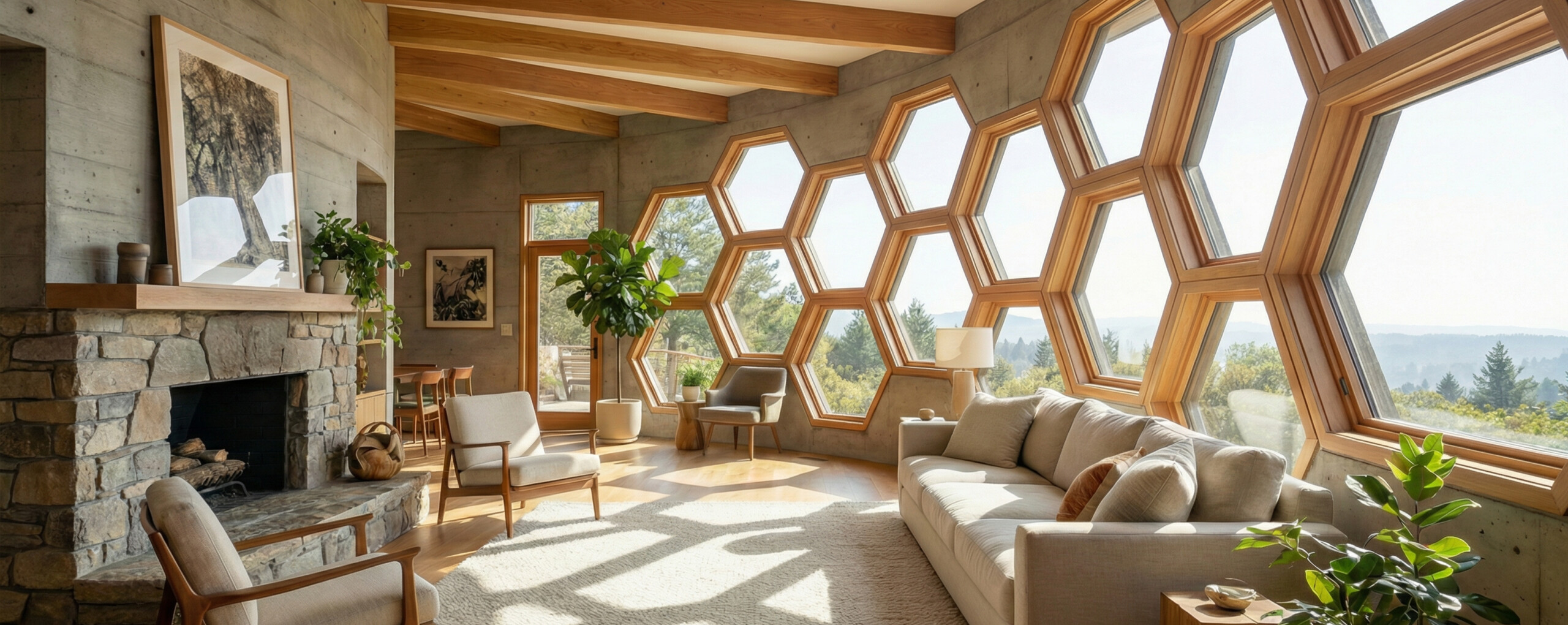 Архитектурные шестиугольные окна из ПВХ профиля Melke на круглой стене офисного здания.