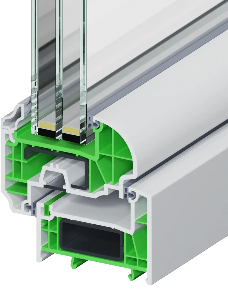 Оконная система Melke Wide в разрезе, на котором показано, из чего сотоит окно.
