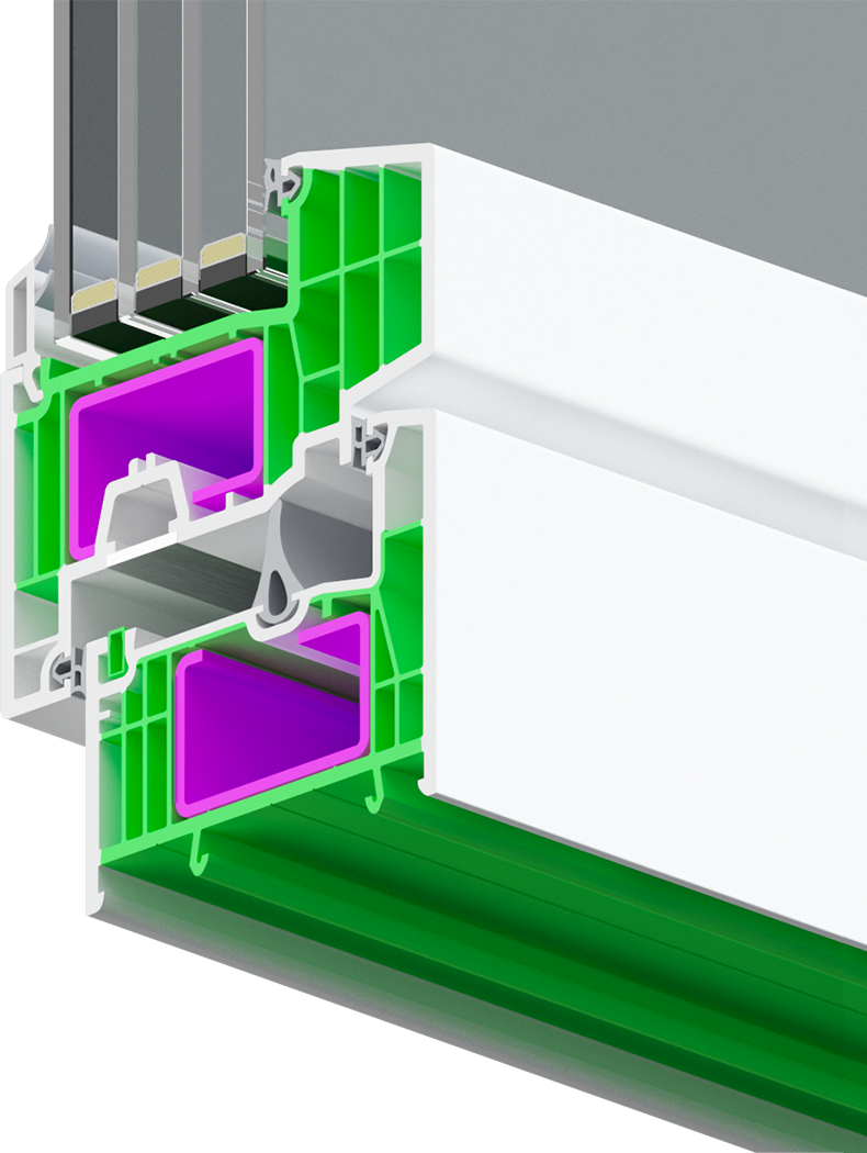 Оконная система Melke Centum в разрезе, на котором показано, из чего сотоит окно.